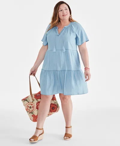 Style & Co Plus Size Split-neck Flutter-sleeve Chambray Swing Dress, Created For Macy's In Emma Wash