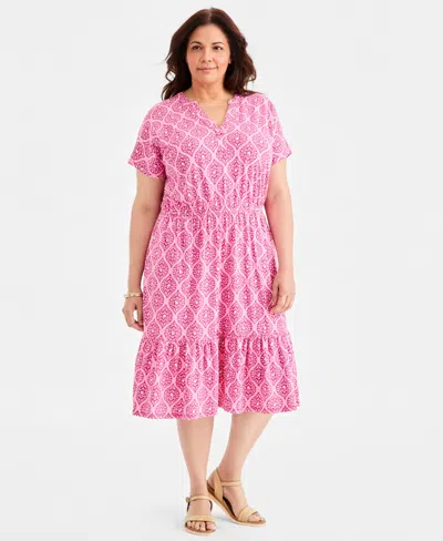 Style & Co Plus Size Split-neck Printed Dress, Macy's Exclusive In Pink