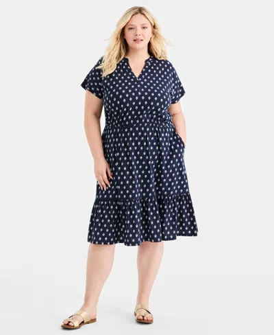 Style & Co Plus Size Split-neck Printed Midi Dress, Macy's Exclusive In Blue