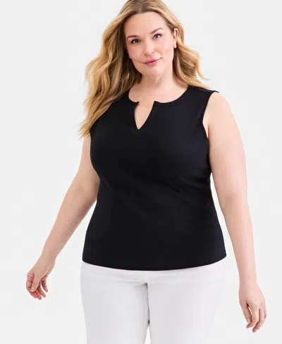 Style & Co Plus Size Split-neck Solid Knit Tank Top, Macy's Exclusive In Black