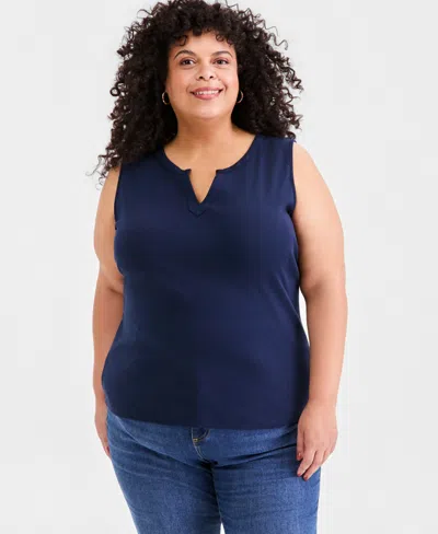 Style & Co Plus Size Split-neck Solid Knit Tank Top, Macy's Exclusive In Blue