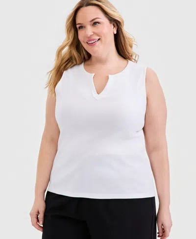Style & Co Plus Size Split-neck Solid Knit Tank Top, Macy's Exclusive In White