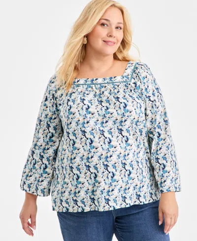 Style & Co Plus Size Square-neck Long-sleeve Knit Top, Macy's Exclusive In Multi