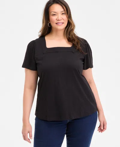 Style & Co Plus Size Square-neck Short-sleeve Top, Exclusively At Macy's In Black