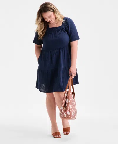 Style & Co Plus Size Square-neck Tiered Dress, Exclusively At Macy's In Blue