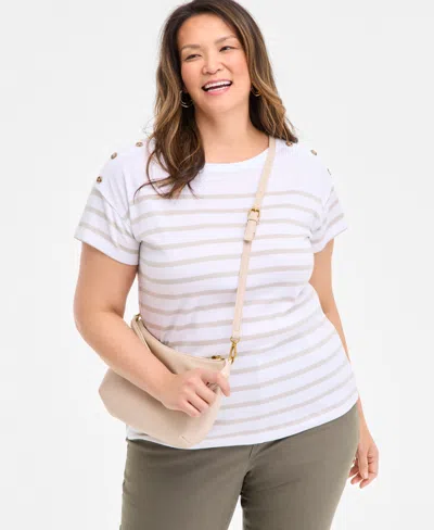 Style & Co Plus Size Stripe Button-trim T-shirt, Exclusively At Macy's In Gray