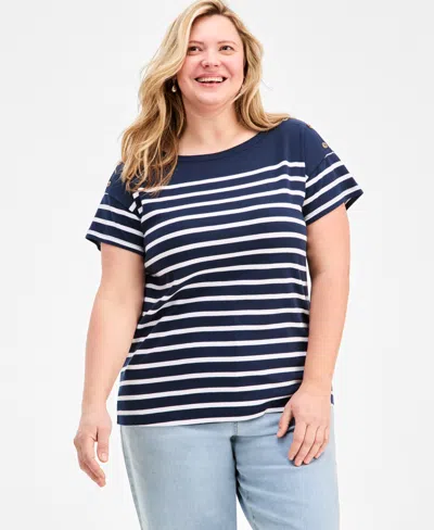 Style & Co Plus Size Stripe Button-trim T-shirt, Exclusively At Macy's In Blue