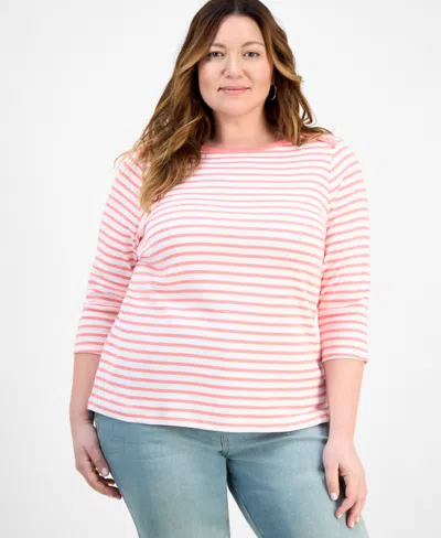 Style & Co Plus Size Stripe Pima Cotton 3/4-sleeve Top, Exclusively At Macy's In Orange