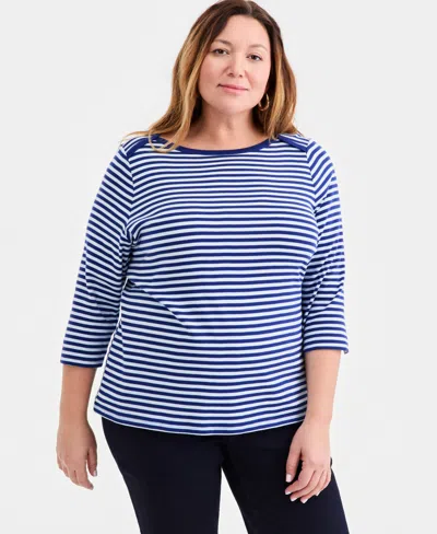 Style & Co Plus Size Stripe Pima Cotton 3/4-sleeve Top, Exclusively At Macy's In Blue