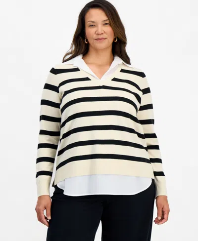 Style & Co Plus Size Stripe Two-fer Long-sleeve Sweater, Macy's Exclusive In Palomino Stripe