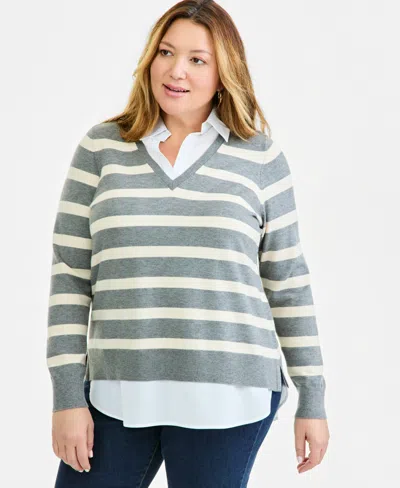 Style & Co Plus Size Stripe Two-fer Long-sleeve Sweater, Macy's Exclusive In Stormy Heather Stripe
