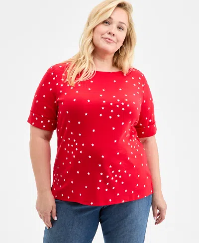 Style & Co Plus Size Striped Elbow-sleeve Knit Top, Exclusively At Macy's In Red