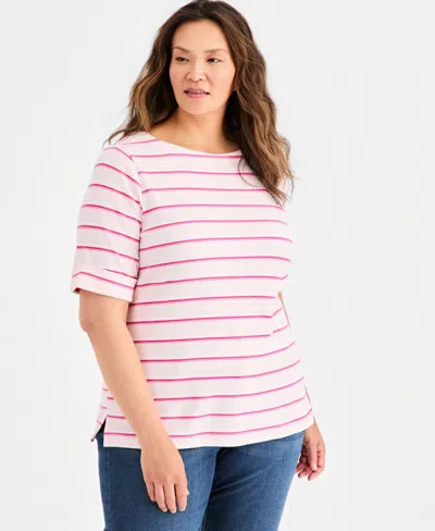 Style & Co Plus Size Striped Elbow-sleeve Top, Macy's Exclusive In Multi