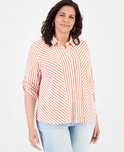 Style & Co Plus Size Striped Knit Roll-tab Shirt, Macy's Exclusive In Orange