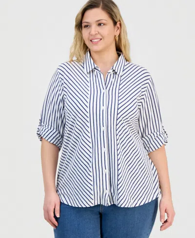 Style & Co Plus Size Striped Knit Roll-tab Shirt, Macy's Exclusive In Blue