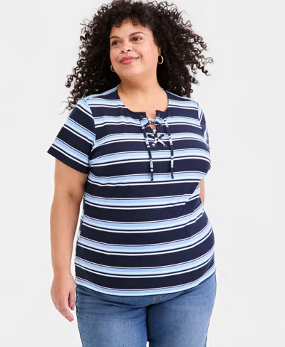 Style & Co Plus Size Striped Lace-up Short-sleeve Top, Macy's Exclusive In Blue