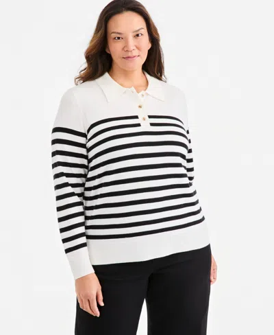 Style & Co Plus Size Striped Long-sleeve Polo Sweater, Macy's Exclusive In Pallomino
