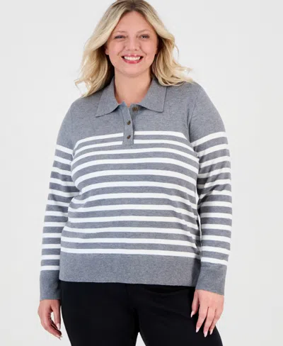 Style & Co Plus Size Striped Long-sleeve Polo Sweater, Macy's Exclusive In Stormy Heather