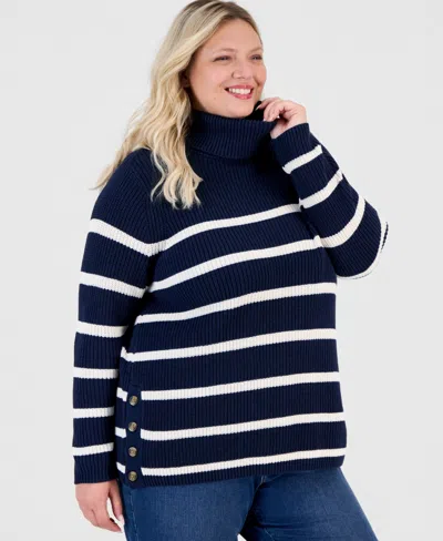 Style & Co Plus Size Striped Rib Tunic Turtleneck Sweater, Macy's Exclusive In Blue