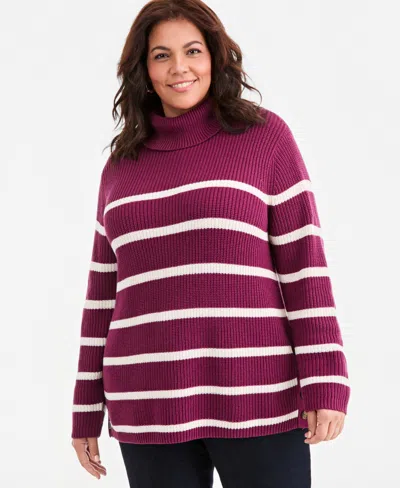Style & Co Plus Size Striped Rib Tunic Turtleneck Sweater, Macy's Exclusive In Purple