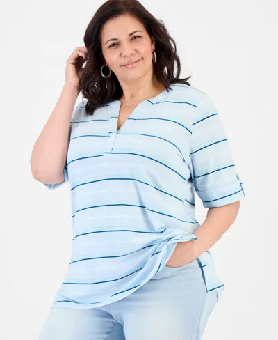 Style & Co Plus Size Striped Roll-tab Elbow-sleeve T-shirt, Macy's Exclusive In Blue