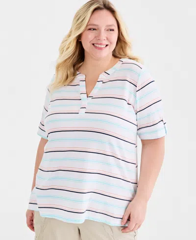 Style & Co Plus Size Striped Roll-tab Elbow-sleeve T-shirt, Macy's Exclusive In Multi