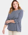 Style & Co Plus Size Striped Side-button Knit Tunic Top, Macy's Exclusive In Blue