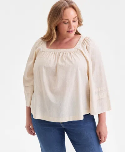 Style & Co Plus Size Striped Square-neck Top, Macy's Exclusive In White