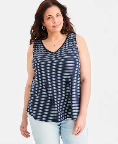 Style & Co Plus Size Striped V-neck Tank Top, Macy's Exclusive In Blue