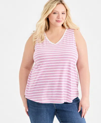 Style & Co Plus Size Striped V-neck Tank Top, Macy's Exclusive In Multi