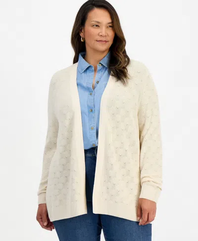 Style & Co Plus Size Textured Open-front Cotton Cardigan Sweater, Macy's Exclusive In Neutral