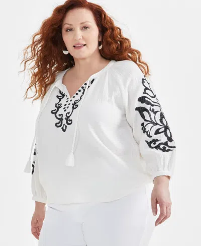 Style & Co Plus Size Tie Neck Cotton Peasant Blouse, Created For Macy's In Desert Shiitake