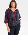 Style & Co Plus Size V-neck Plaid Bubble-sleeve Blouse, Macy's Exclusive In Multi