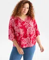 Style & Co Plus Size V-neck Printed Bubble-sleeve Blouse, Macy's Exclusive In Multi