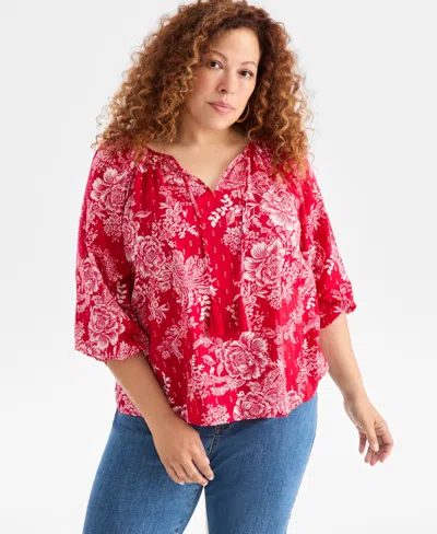 Style & Co Plus Size V-neck Printed Bubble-sleeve Blouse, Macy's Exclusive In Multi