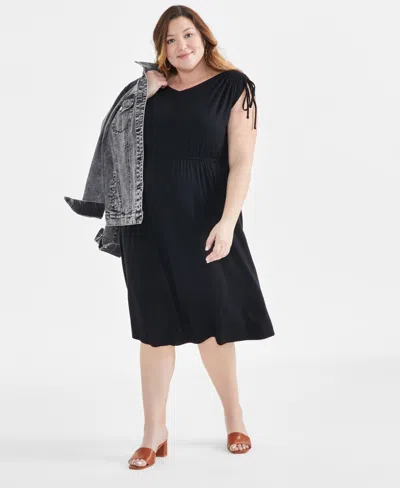 Style & Co Plus Size V-neck Shirred-sleeve Dress, Created For Macy's In Deep Black