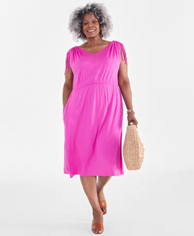 Style & Co Plus Size V-neck Shirred-sleeve Dress, Created For Macy's In Fuchsia Tulip