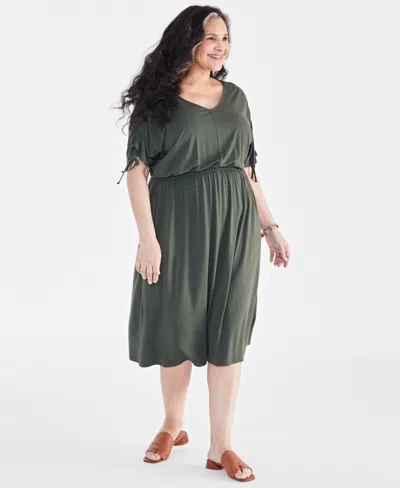 Style & Co Plus Size V-neck Shirred-sleeve Dress, Created For Macy's In Midnight Olive