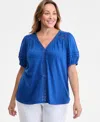 Style & Co Plus Size V-neck Short-sleeve Contrast-trim Top, Exclusively At Macy's In Blue
