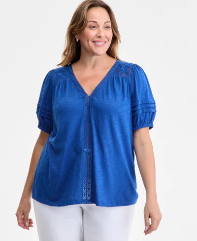 Style & Co Plus Size V-neck Short-sleeve Contrast-trim Top, Exclusively At Macy's In Blue