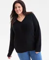 Style & Co Plus Size V-neck Stitch Detail Sweater, Macy's Exclusive In Black
