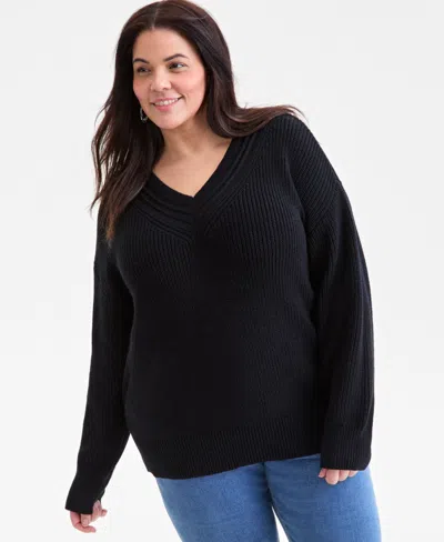 Style & Co Plus Size V-neck Stitch Detail Sweater, Macy's Exclusive In Black