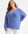 Style & Co Plus Size V-neck Stitch Detail Sweater, Macy's Exclusive In Blue