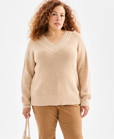 Style & Co Plus Size V-neck Stitch Detail Sweater, Macy's Exclusive In Neutral