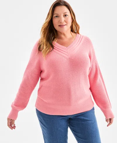 Style & Co Plus Size V-neck Stitch Detail Sweater, Macy's Exclusive In Pink
