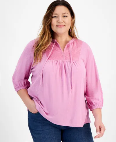 Style & Co Plus Size Velvet-bib Cotton Tie-neck Blouse, Created For Macy's In Pink Rain