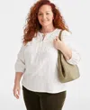 Style & Co Plus Size Velvet-bib Cotton Tie-neck Blouse, Created For Macy's In Shittake