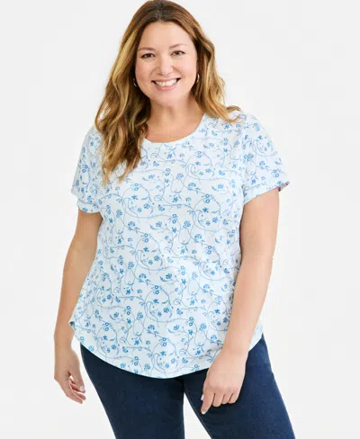 Style & Co Plus Size Vine Flora Floral Crewneck T-shirt, Macy's Exclusive In White