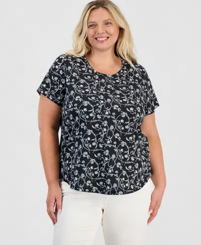 Style & Co Plus Size Vine Flora Floral Crewneck T-shirt, Macy's Exclusive In Black