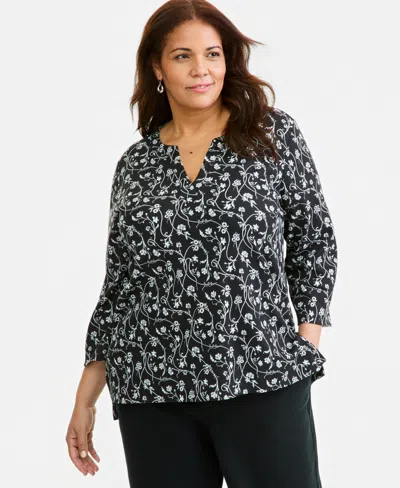 Style & Co Plus Size Vine Floral Split-neck 3/4-sleeve Tunic, Macy's Exclusive In Deep Black